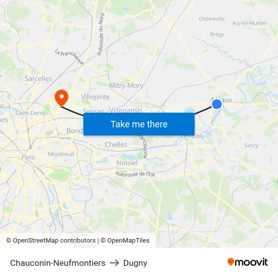 Chauconin-Neufmontiers to Dugny map
