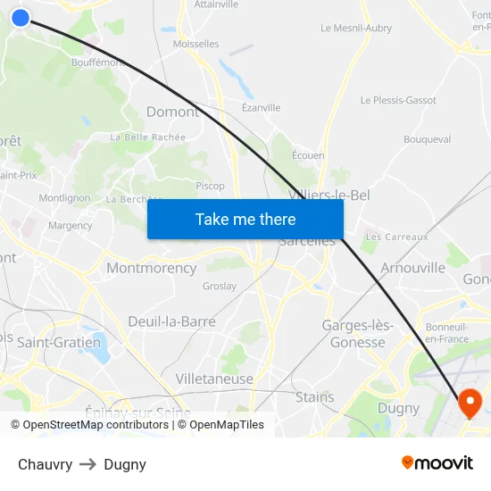 Chauvry to Dugny map