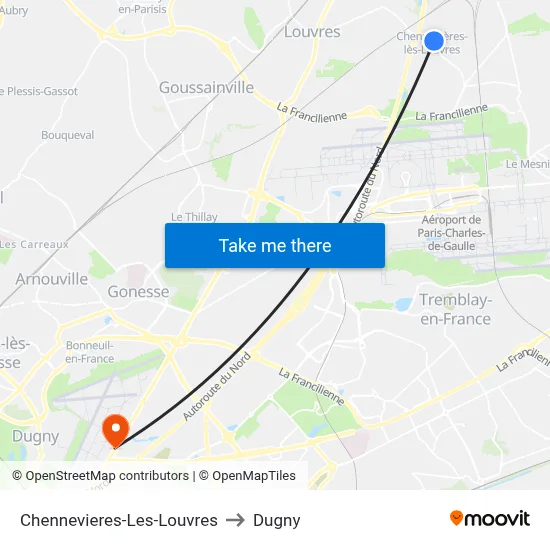 Chennevieres-Les-Louvres to Dugny map