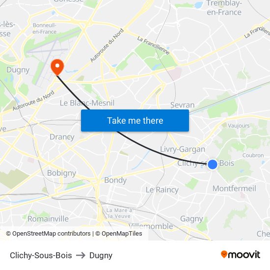 Clichy-Sous-Bois to Dugny map