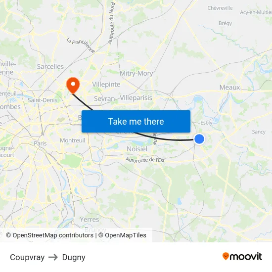 Coupvray to Dugny map