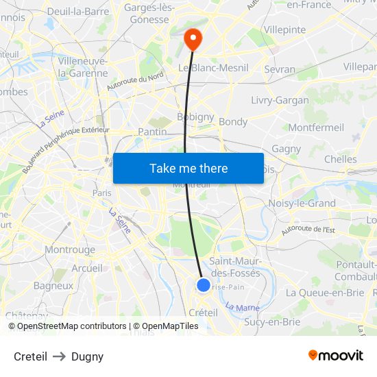 Creteil to Dugny map