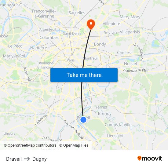 Draveil to Dugny map