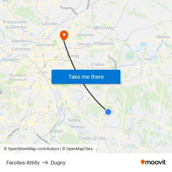 Ferolles-Attilly to Dugny map