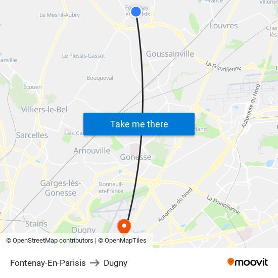 Fontenay-En-Parisis to Dugny map
