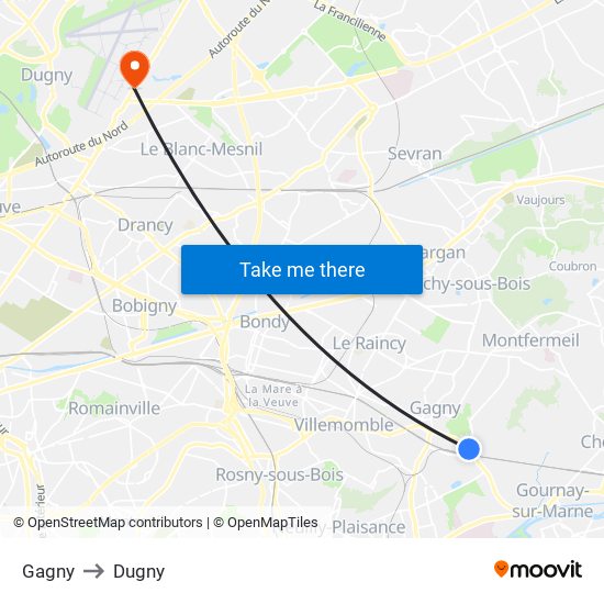 Gagny to Dugny map