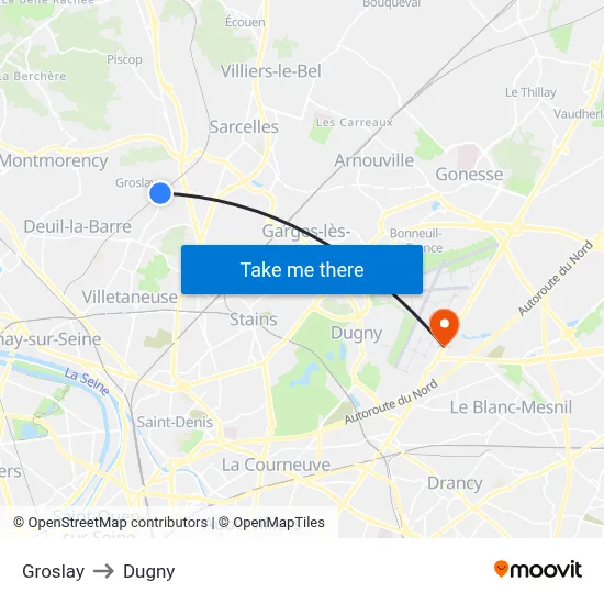 Groslay to Dugny map