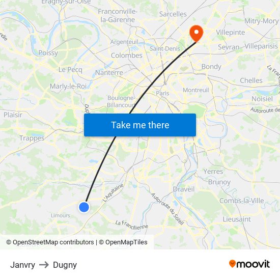 Janvry to Dugny map