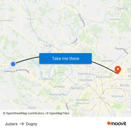 Juziers to Dugny map