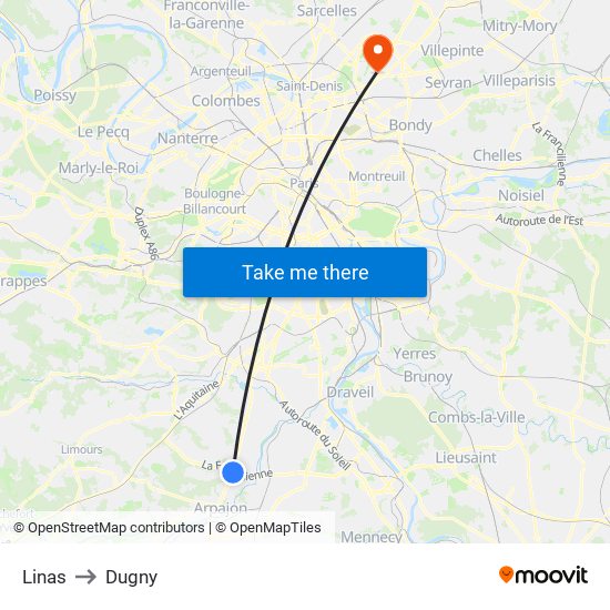 Linas to Dugny map