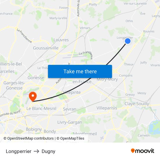 Longperrier to Dugny map