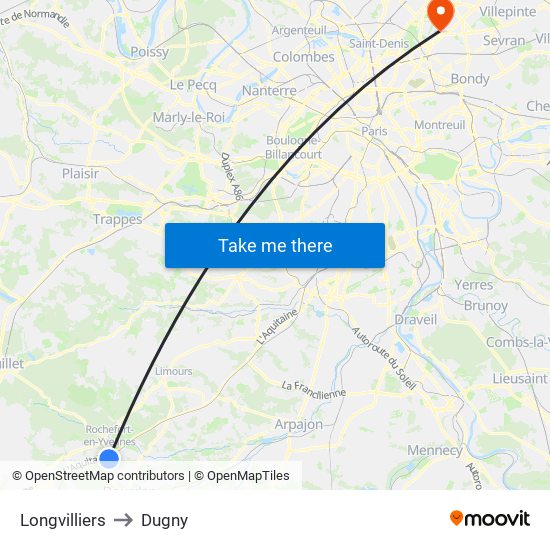 Longvilliers to Dugny map