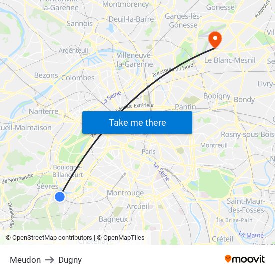 Meudon to Dugny map