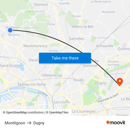 Montlignon to Dugny map