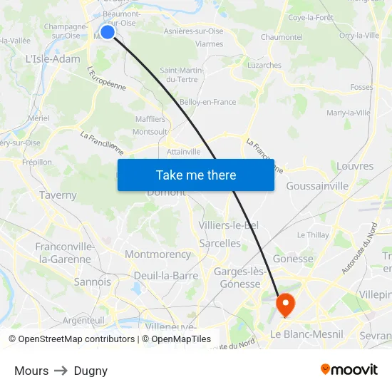 Mours to Dugny map