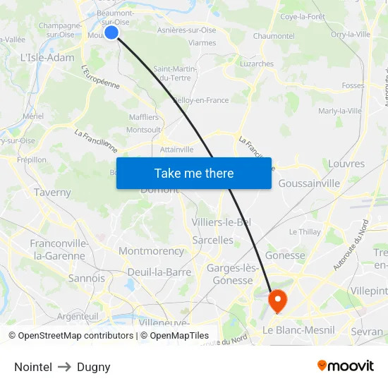 Nointel to Dugny map