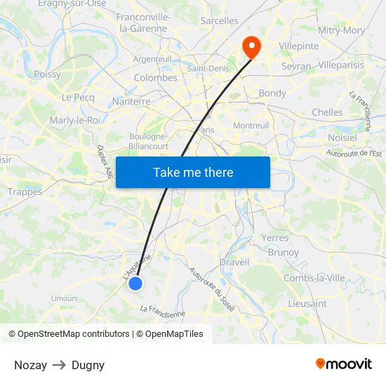 Nozay to Dugny map