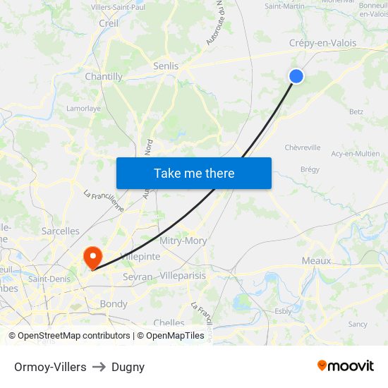 Ormoy-Villers to Dugny map