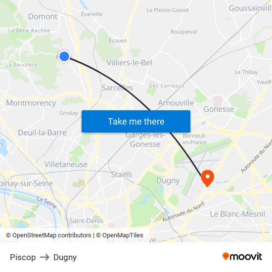 Piscop to Dugny map