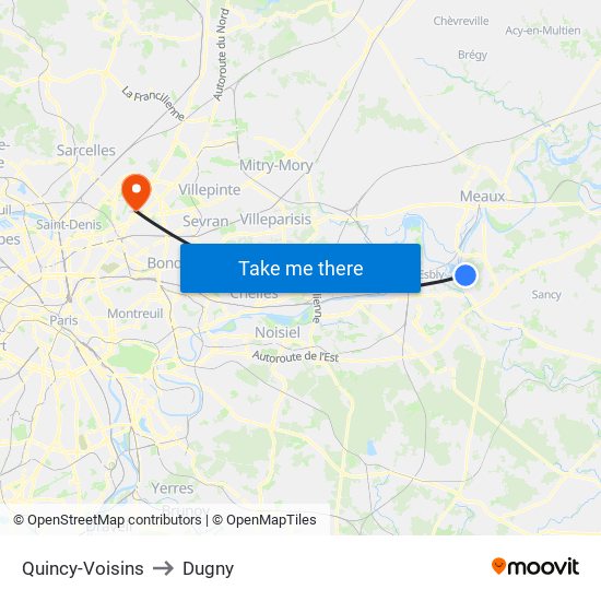 Quincy-Voisins to Dugny map
