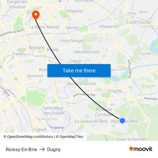 Roissy-En-Brie to Dugny map