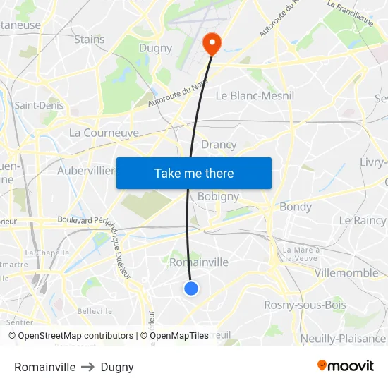 Romainville to Dugny map