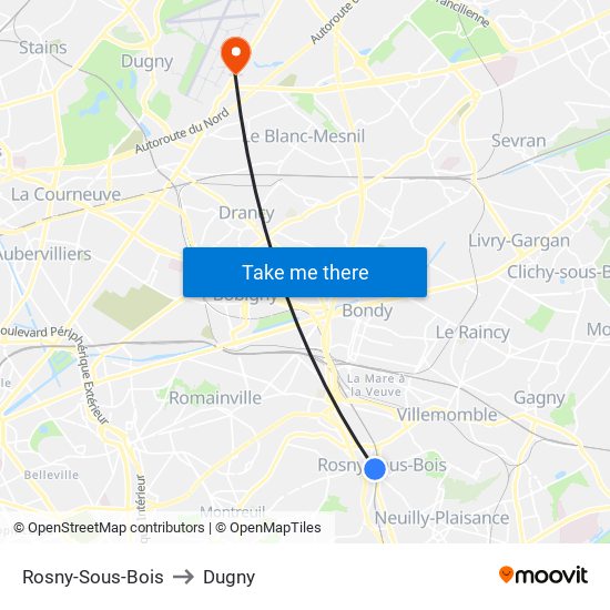 Rosny-Sous-Bois to Dugny map