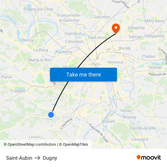 Saint-Aubin to Dugny map