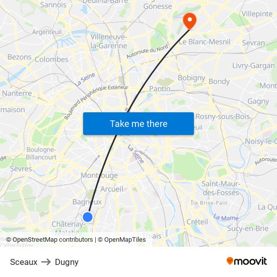 Sceaux to Dugny map