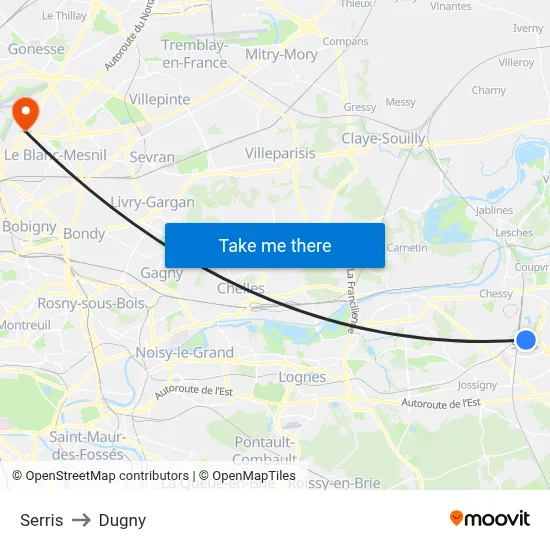 Serris to Dugny map