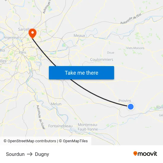 Sourdun to Dugny map