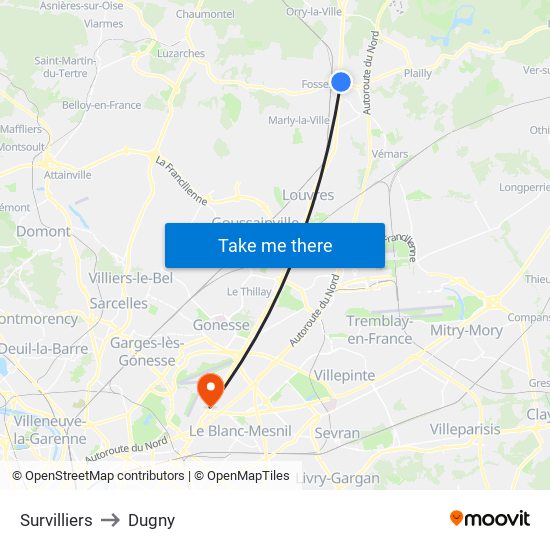 Survilliers to Dugny map