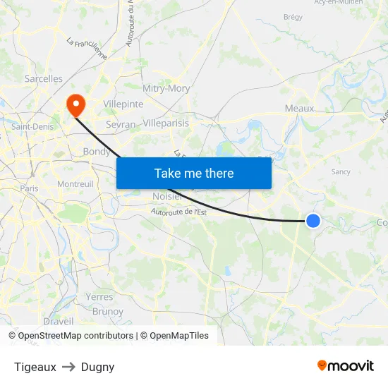 Tigeaux to Dugny map