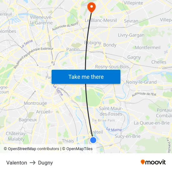 Valenton to Dugny map