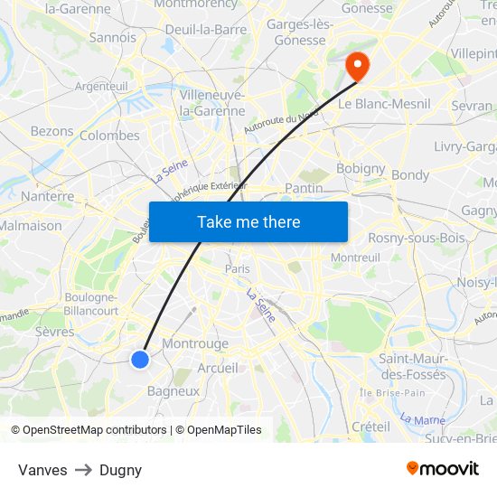 Vanves to Dugny map