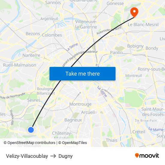 Velizy-Villacoublay to Dugny map