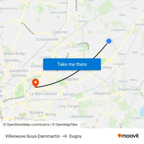 Villeneuve-Sous-Dammartin to Dugny map