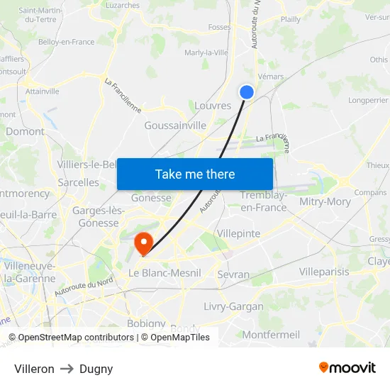 Villeron to Dugny map