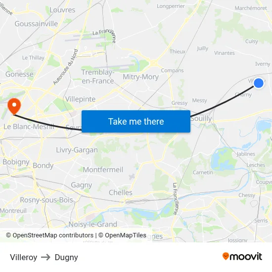 Villeroy to Dugny map