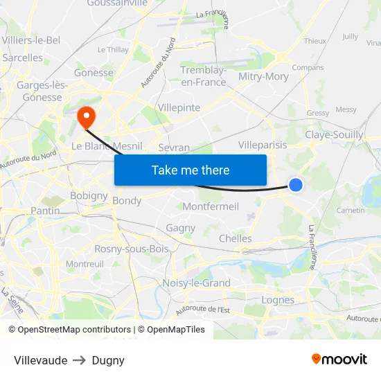 Villevaude to Dugny map
