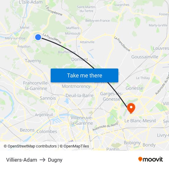 Villiers-Adam to Dugny map