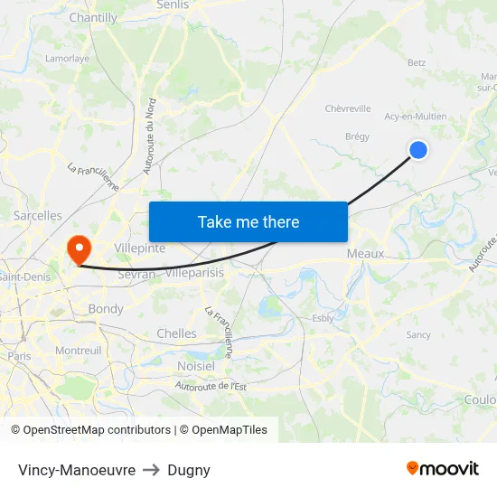 Vincy-Manoeuvre to Dugny map