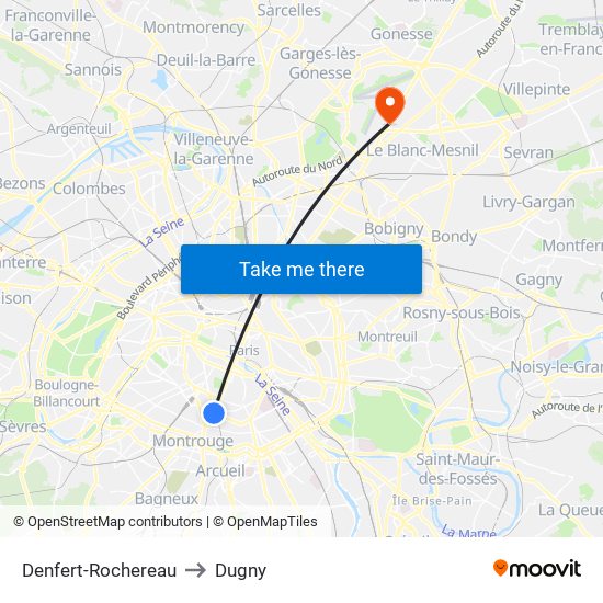 Denfert-Rochereau to Dugny map