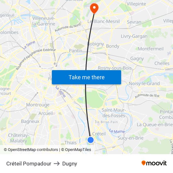 Créteil Pompadour to Dugny map