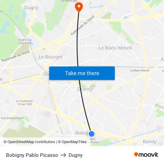 Bobigny Pablo Picasso to Dugny map