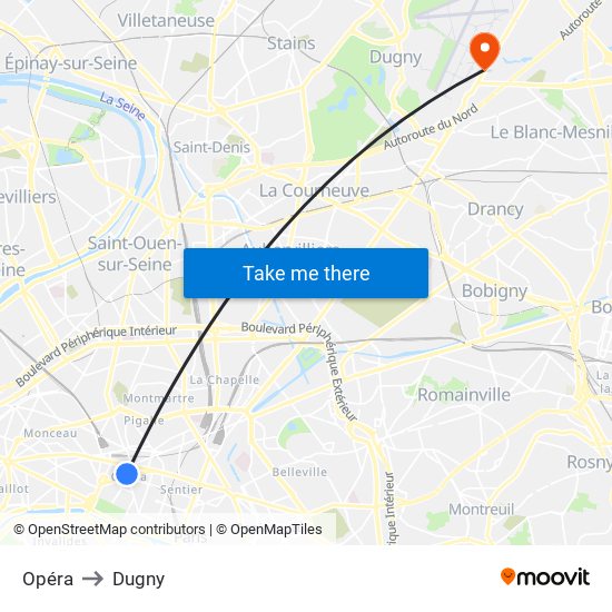 Opéra to Dugny map