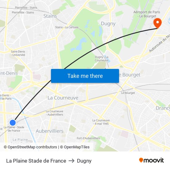 La Plaine Stade de France to Dugny map