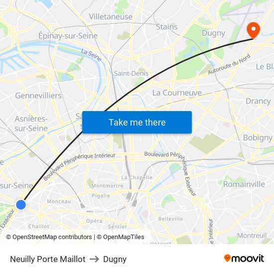 Neuilly Porte Maillot to Dugny map