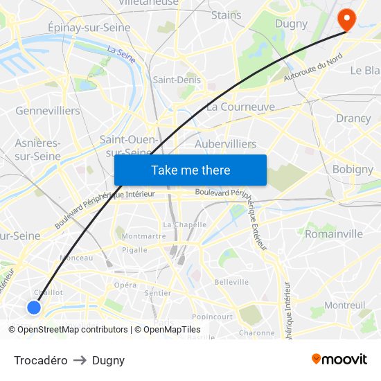 Trocadéro to Dugny map