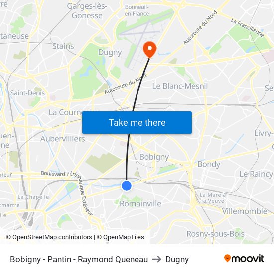 Bobigny - Pantin - Raymond Queneau to Dugny map
